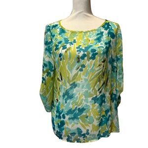 Nue Options Chiffon Wide Neck Top Cuff Sleeves Green‎ Turquoise Floral Size Med